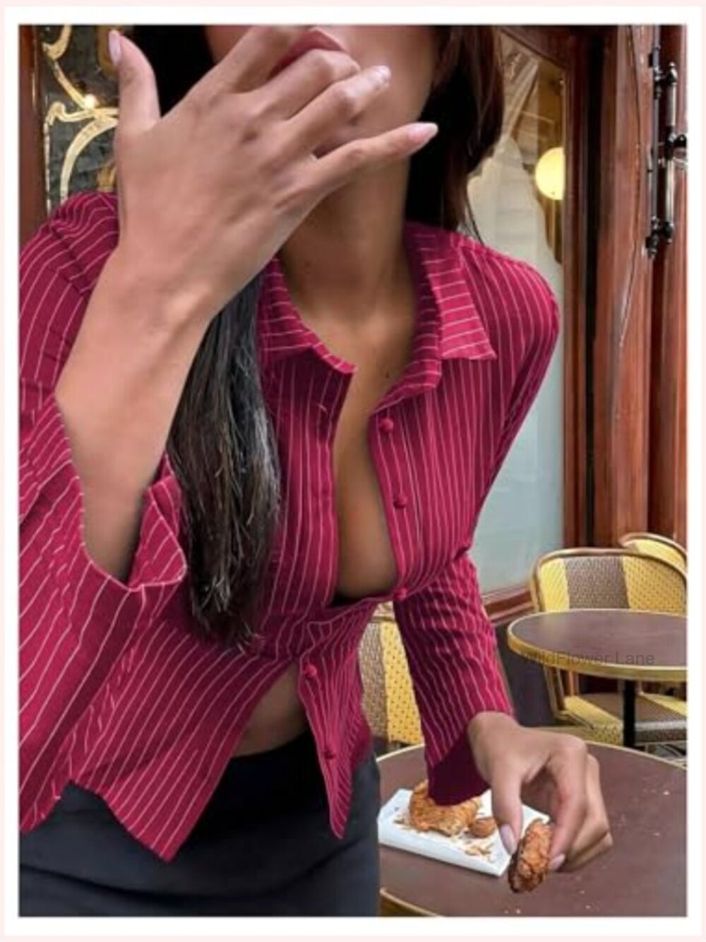 Striped Long Sleeve Button Down Cropped Blouse Fitted Collar Top - Picture 3 of 4